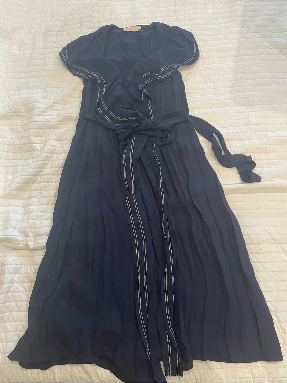 Tory Burch Navy Pleated Wrap Midi Dress with Tie